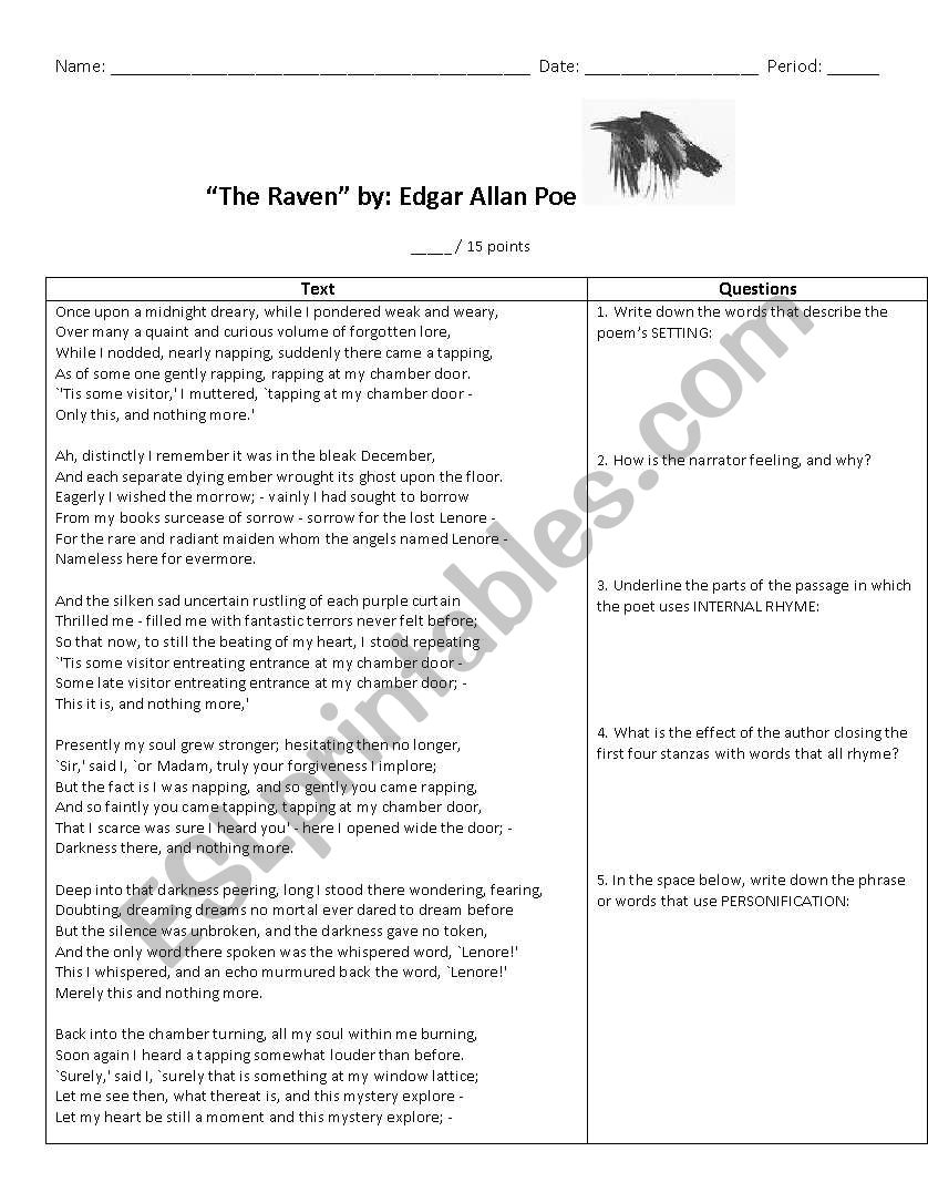 The Raven Text Questions ESL Worksheet By Ldiaconis Worksheets Library