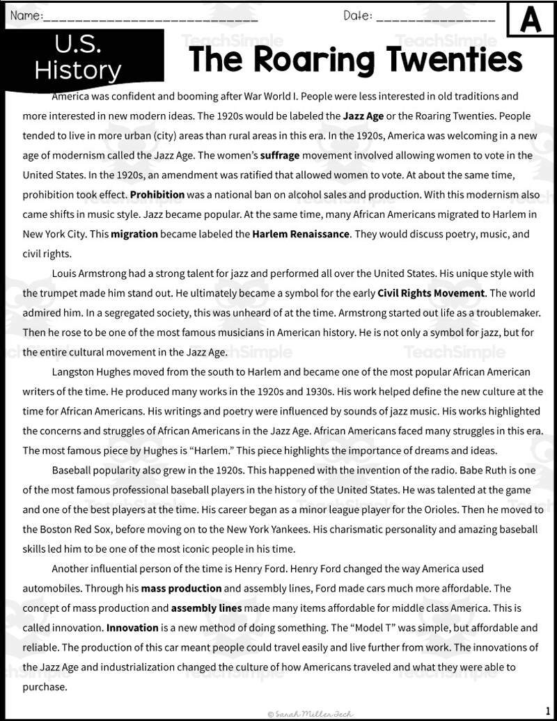The Roaring Twenties Reading Packet By Teach Simple