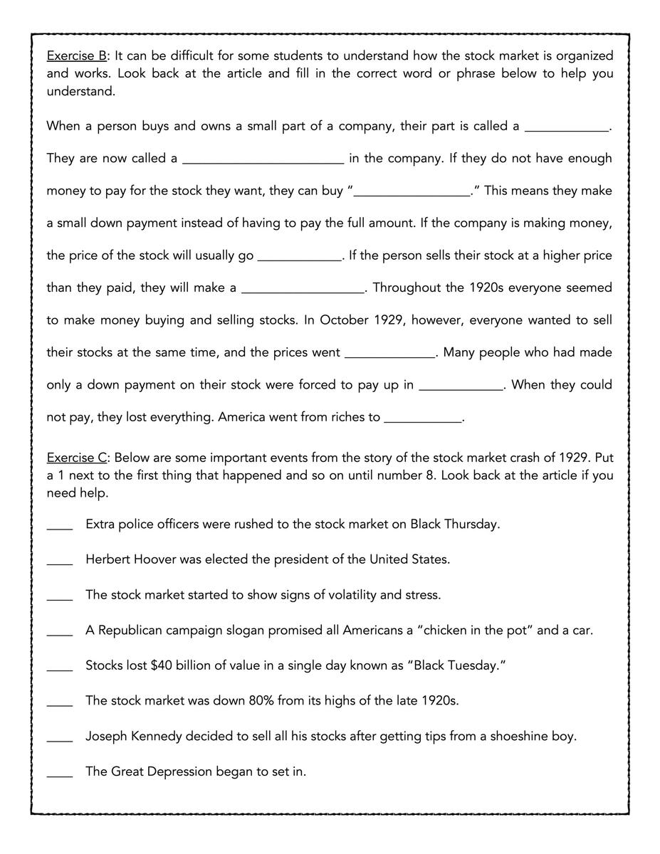 The Stock Market Crash Of 1929 U S History Passage And Worksheets Library The Stock Market Crash Of 1929 U S History Passage And Worksheets Library