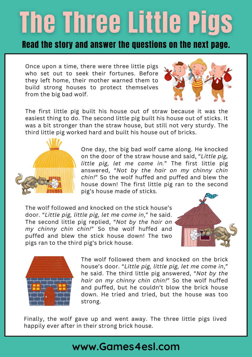 The Three Little Pigs Reading Worksheet Games4esl Reading Comprehension Worksheets Decodable Passages Repeated Readings Fluency Building Set 4 Sig The Pig Short I