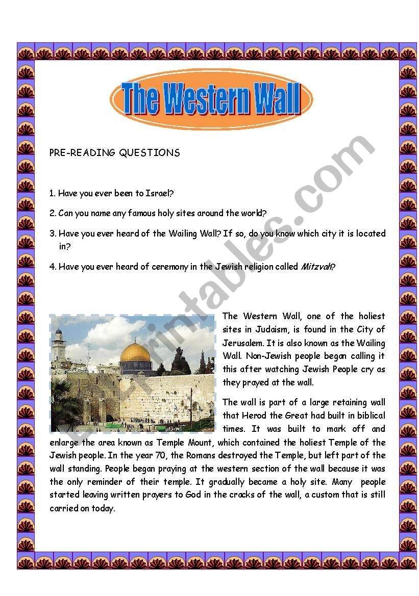The Western Wall Reading Comprehension ESL Worksheet By Zhlebor