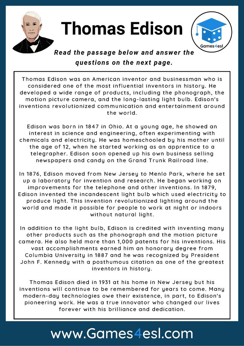 Thomas Edison Reading Comprehension Worksheet Games4esl Child Inventors Nonfiction Reading Activity