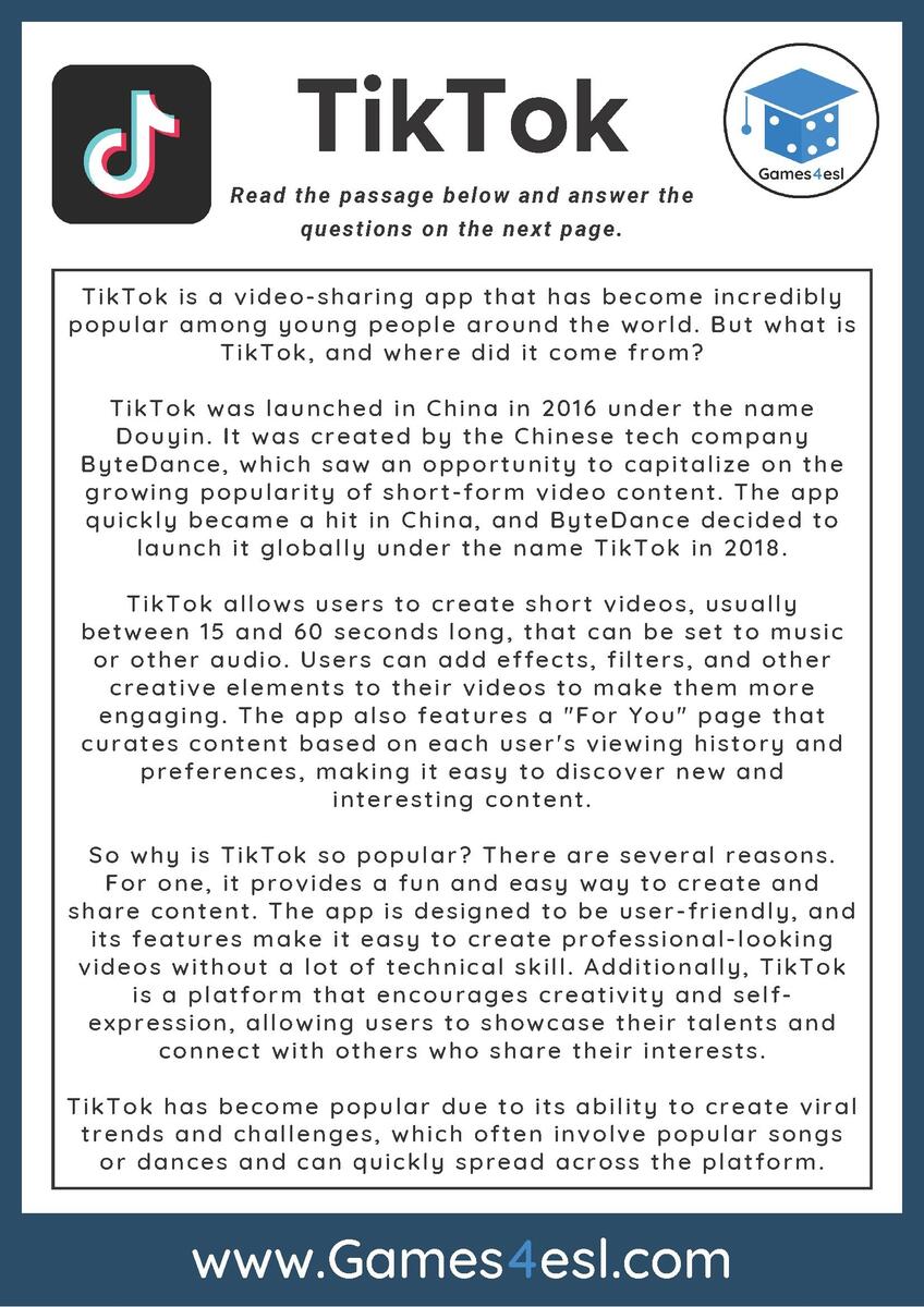 TikTok Reading Comprehension Worksheet Games4esl Reading Comprehension Worksheets Social Media Resources For Teaching Australia