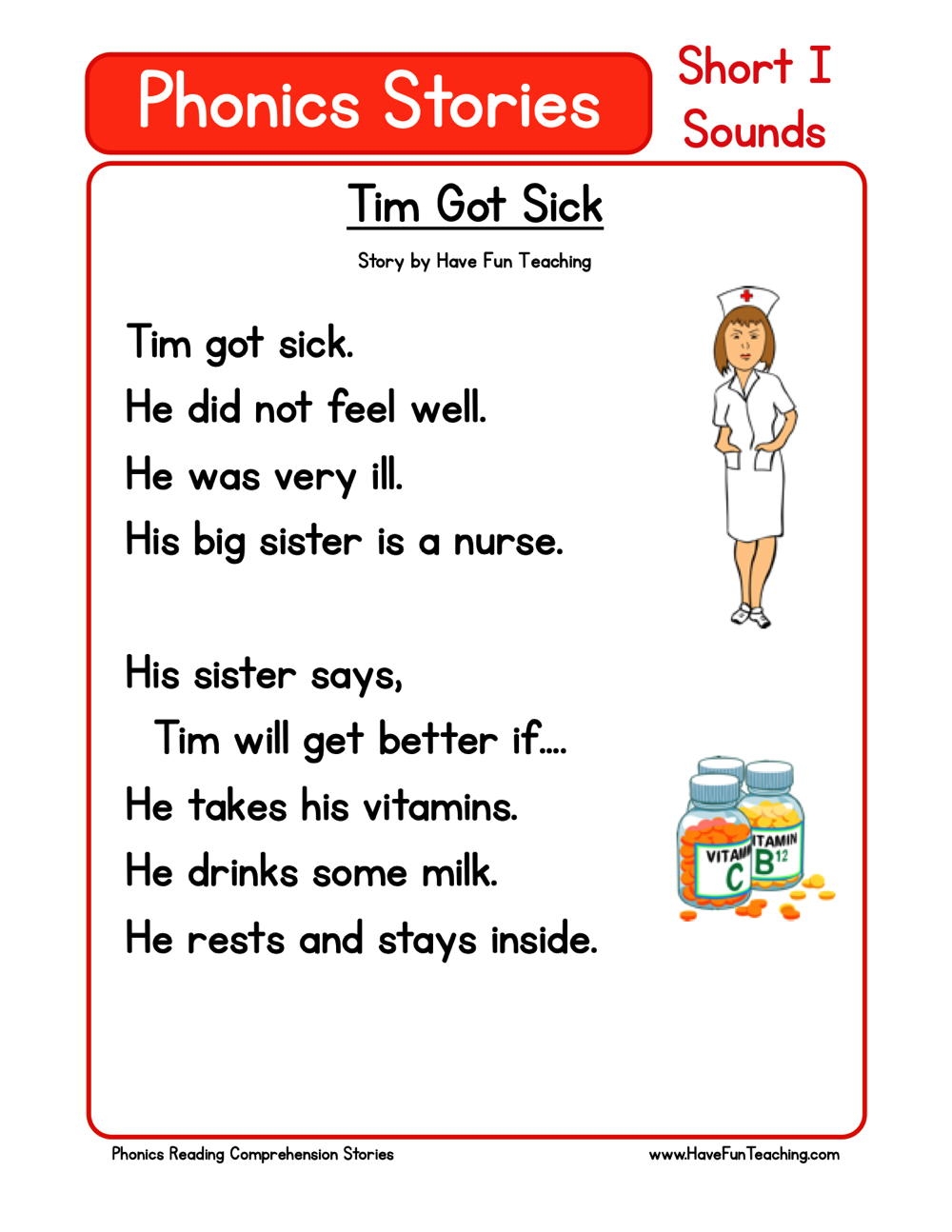 Tim Got Sick Phonics Reading Comprehension Story Worksheet Short Vowel I Sound Have Fun Teaching Tim Got Sick Phonics Reading Comprehension Story Worksheet Short Vowel I Sound Have Fun Teaching