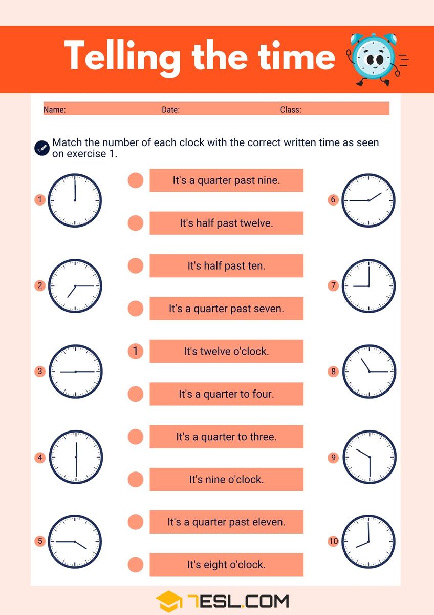 Time Worksheets For Learning To Tell Time 7ESL Time Worksheets For Learning To Tell Time 7ESL