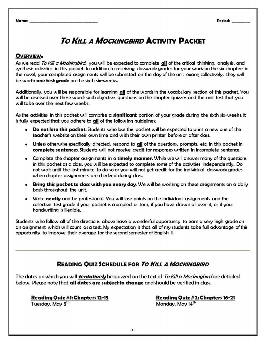 TO KILL A MOCKINGBIRD ACTIVITY PACKET