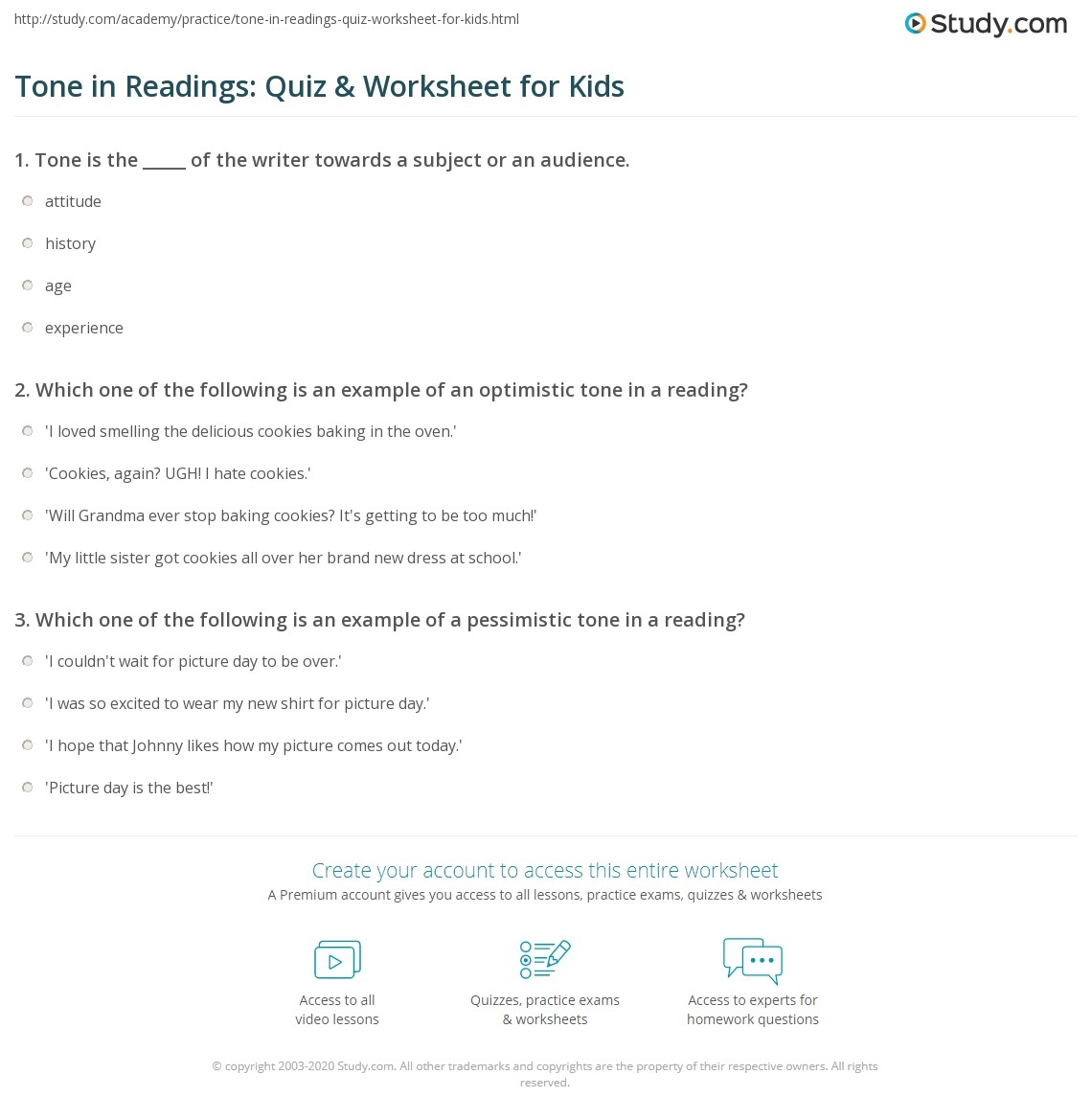 Tone In Readings Quiz Worksheet For Kids Study