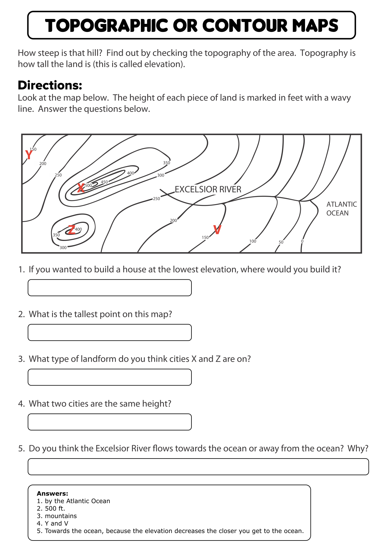Topographic Map Worksheet Earth Science