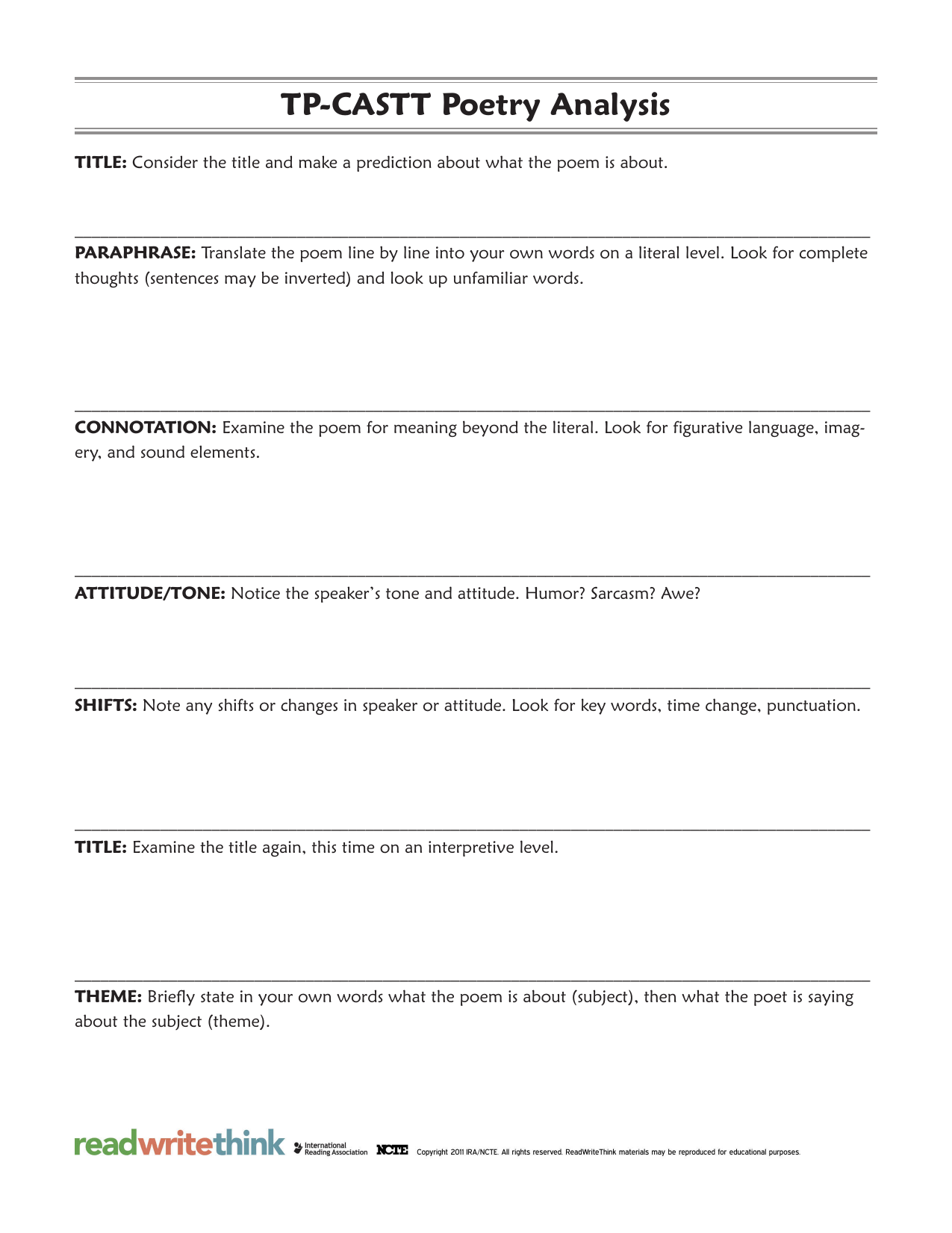 TP CASTT Poetry Analysis Worksheet TP CASTT Poetry Analysis Worksheet