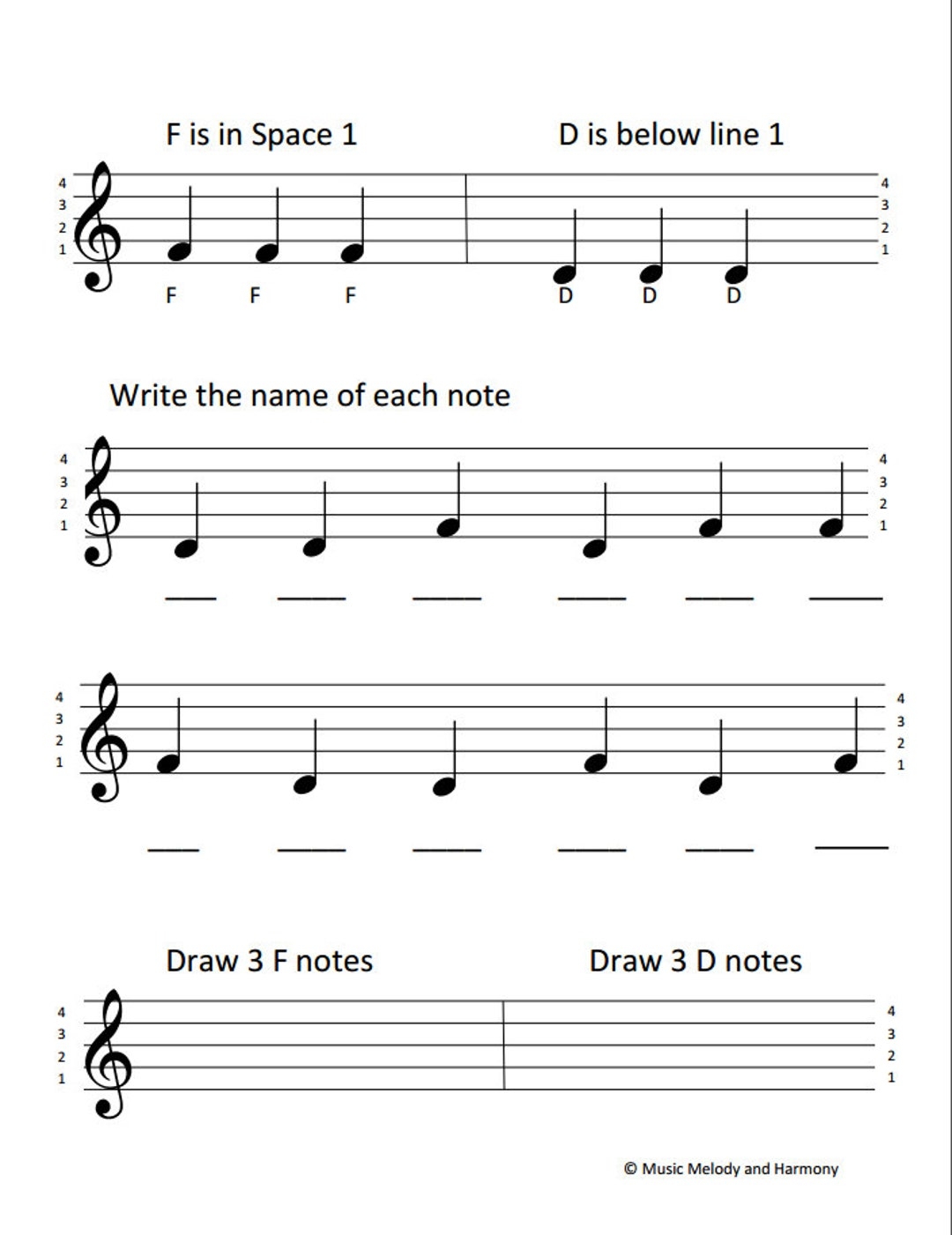 Treble Clef Notes D F Worksheet Etsy