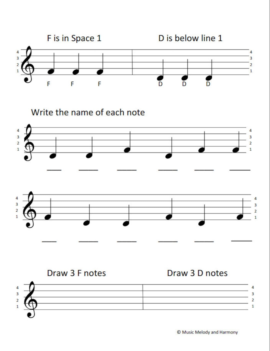 Treble Clef Notes D F Worksheet Etsy Treble Clef Notes D F Worksheet Etsy