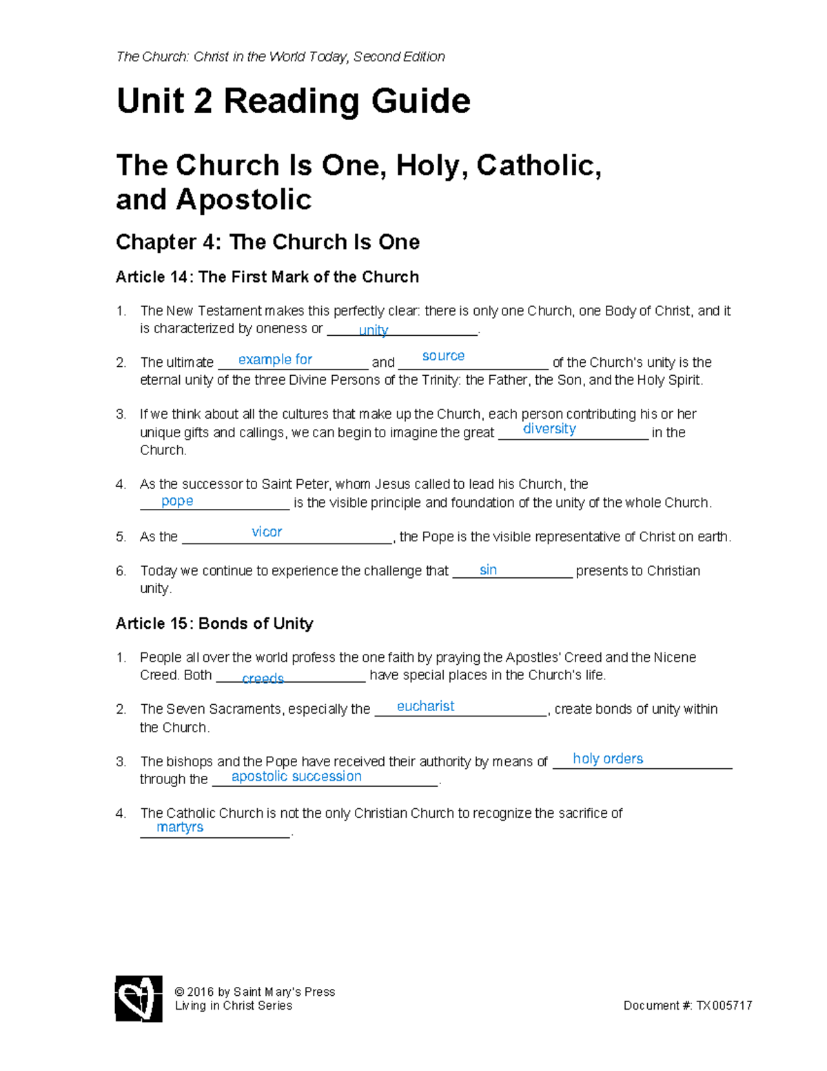 TX005717 Unit 2 Reading Guide The Church Is One Holy Catholic Apostolic Studocu