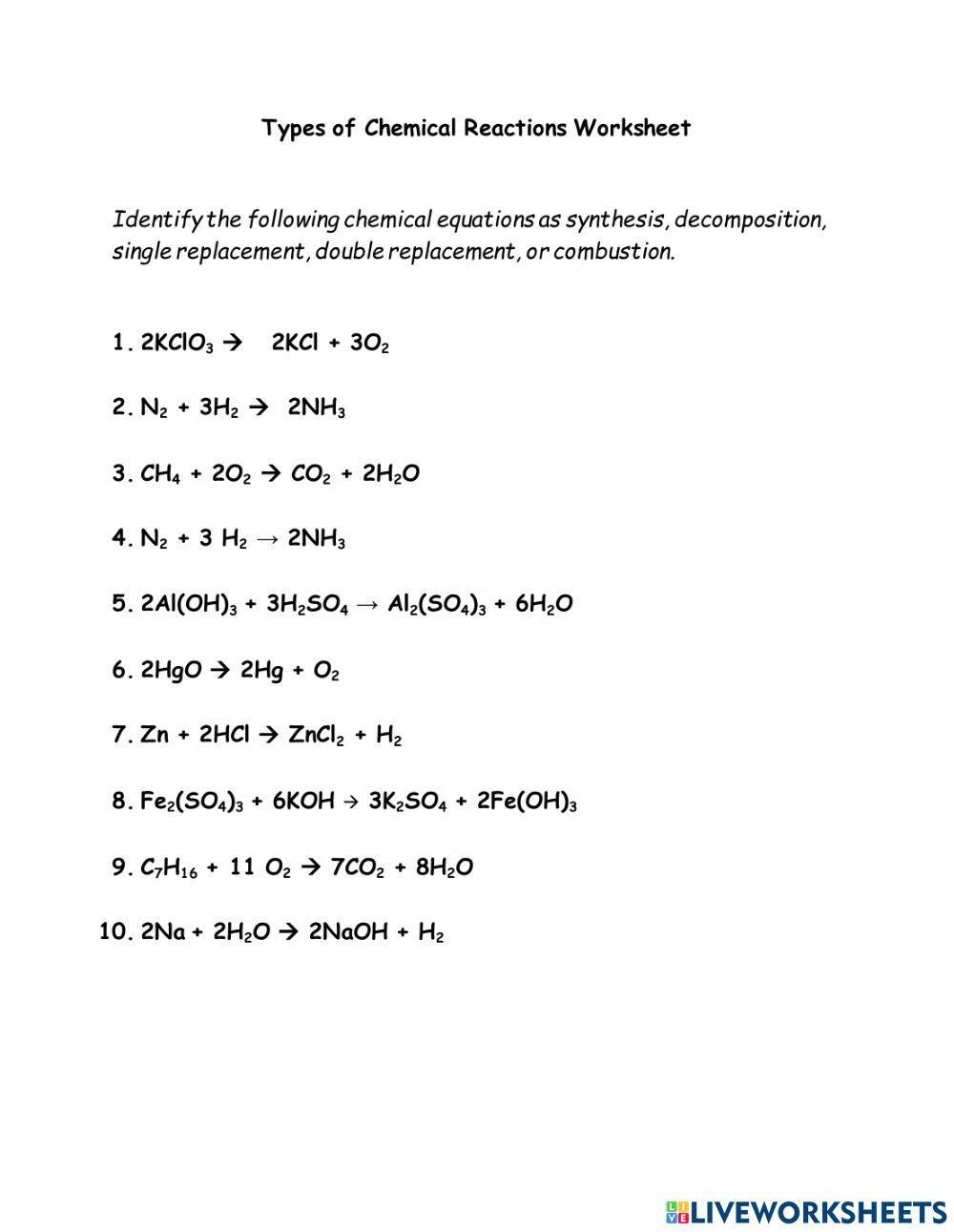 Types Of Chemical Reactions Worksheet Explore The Fundamentals