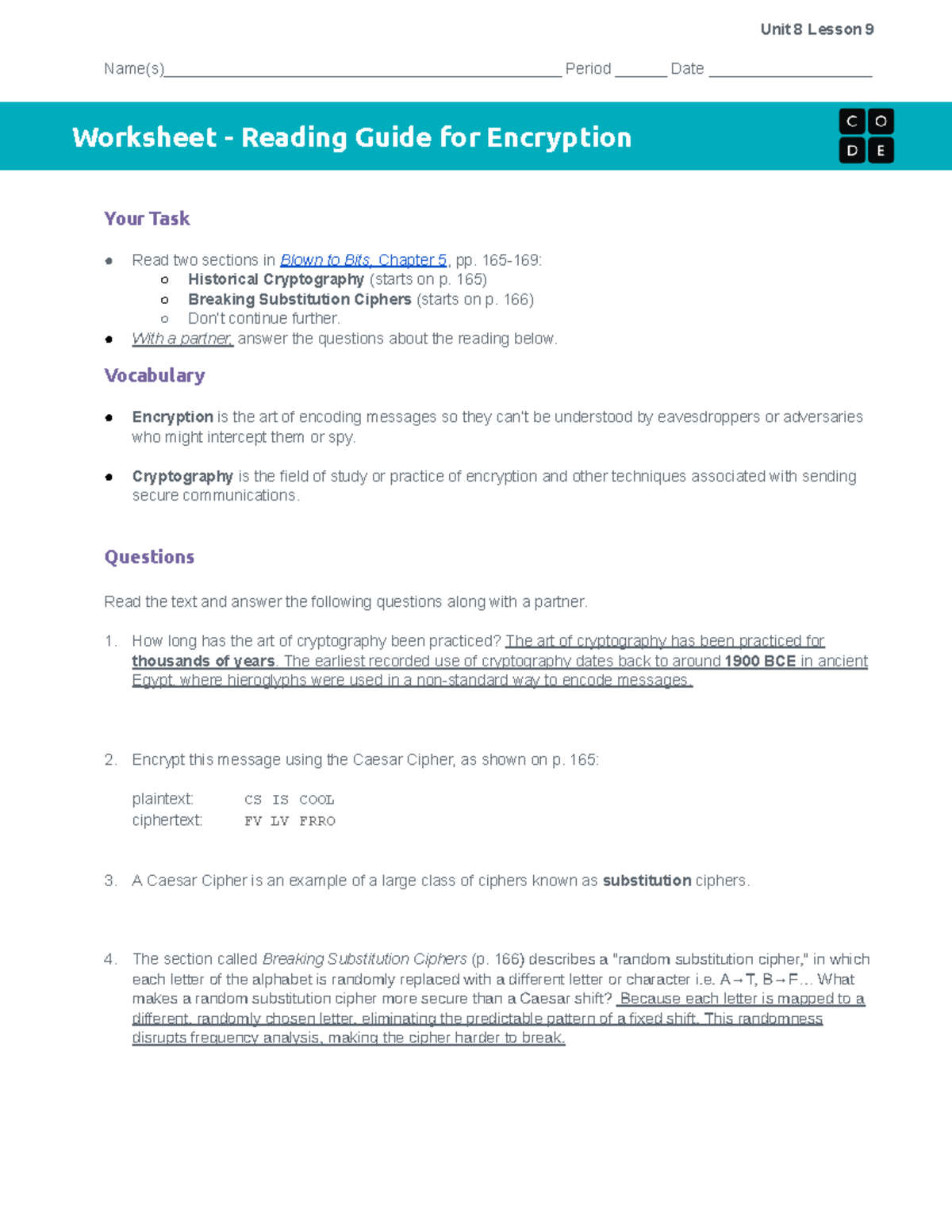 U8L9 Worksheet Reading Guide On Encryption Cryptography Concepts Studocu