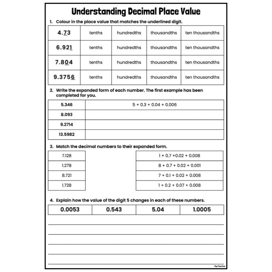 Understanding Decimal Place Value Tenths Hundredths Thousandths Worksheets Top Teacher