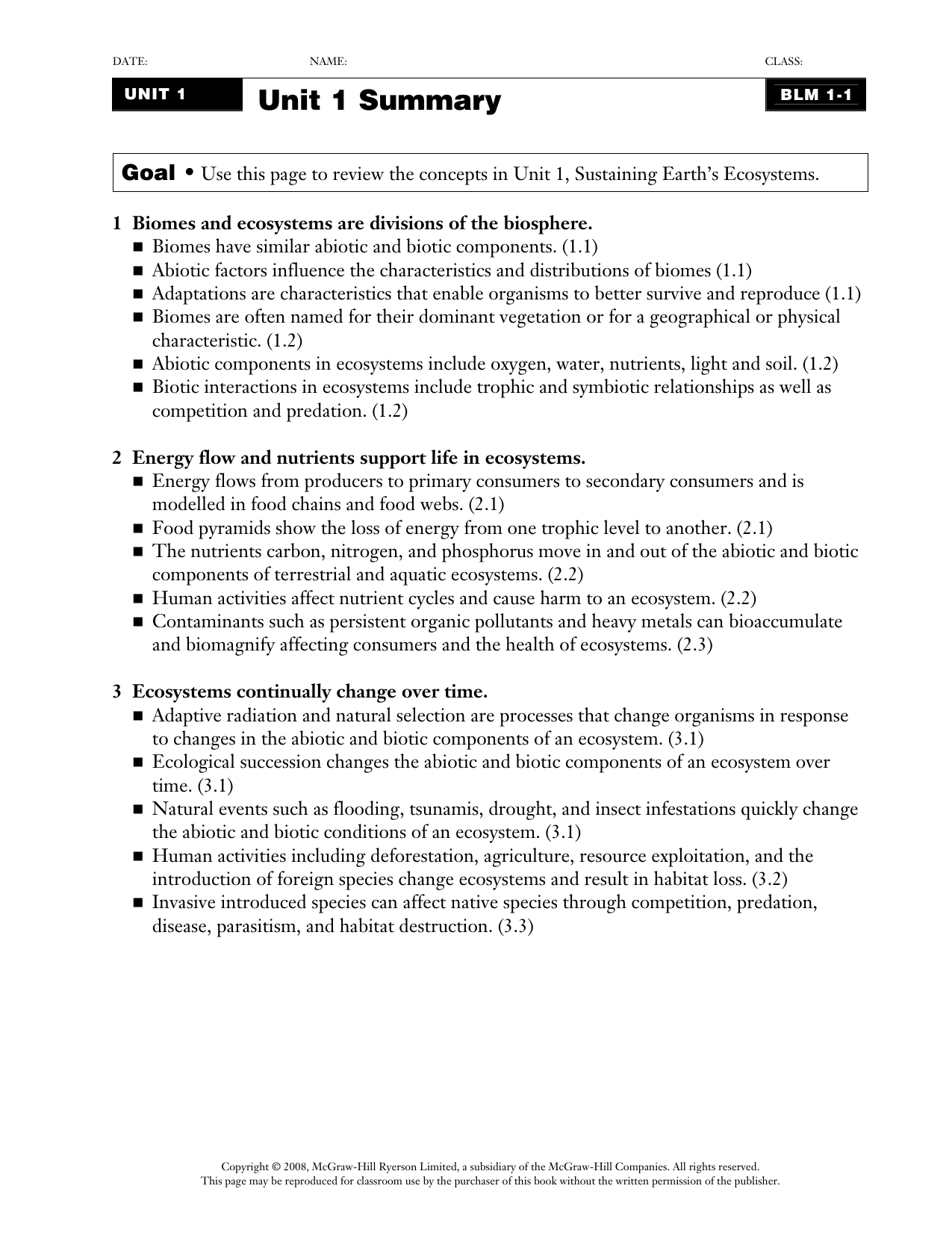 Unit 1 Ecosystems Summary Worksheet Unit 1 Ecosystems Summary Worksheet