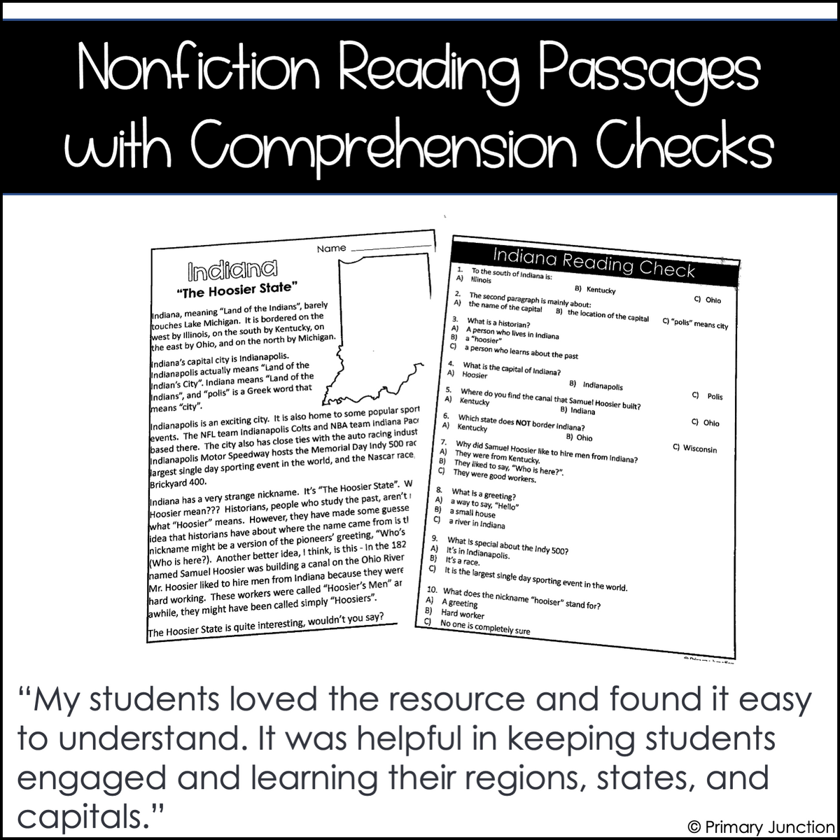 United States 50 States Reading Comprehension Passages Primary Junction