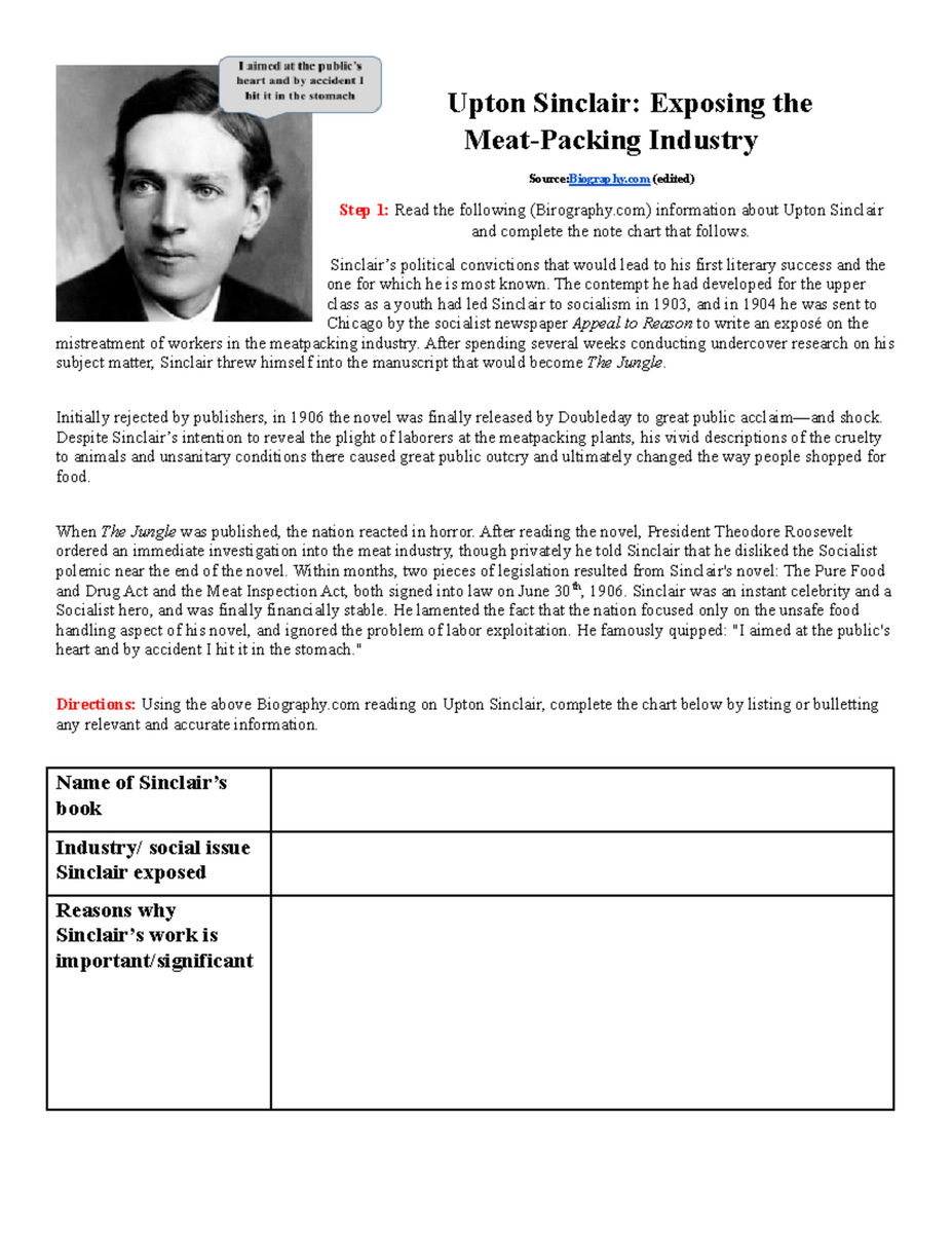 Upton Sinclair S The Jungle Activity Worksheet Key Insights Studocu