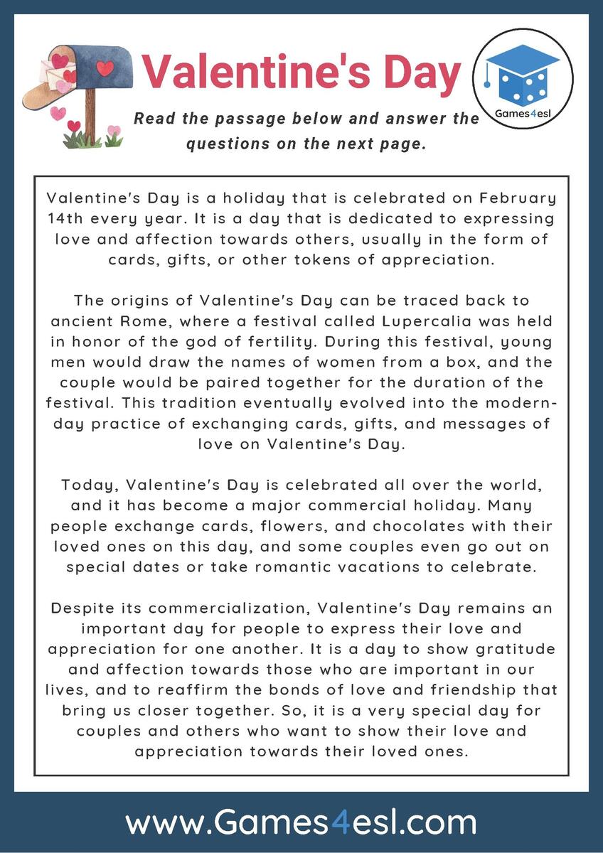 Valentine s Day Reading Comprehension Worksheet Games4esl