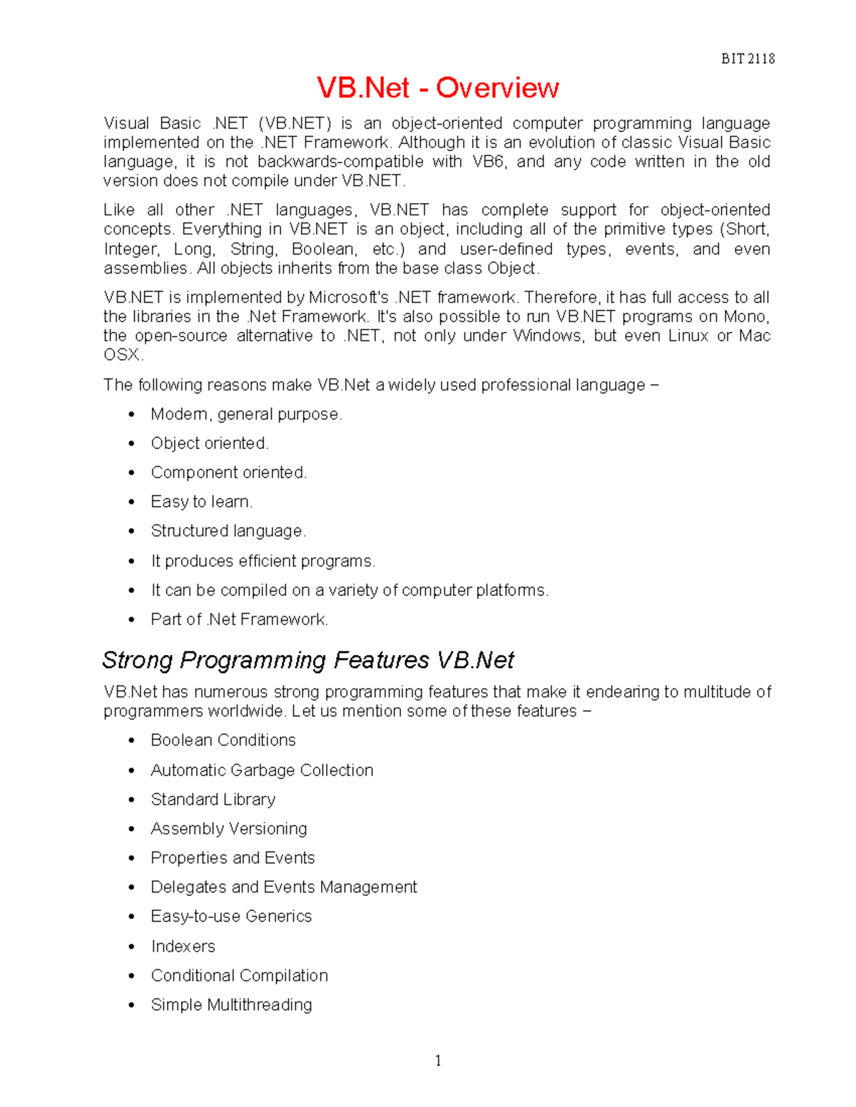 VB NET Full Tutorials Comprehensive Notes On Programming Basics Studocu