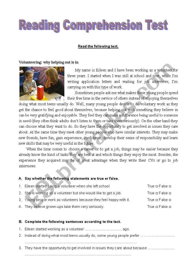 Reading Comprehension Volunteering ESL Worksheet By Aaisha86