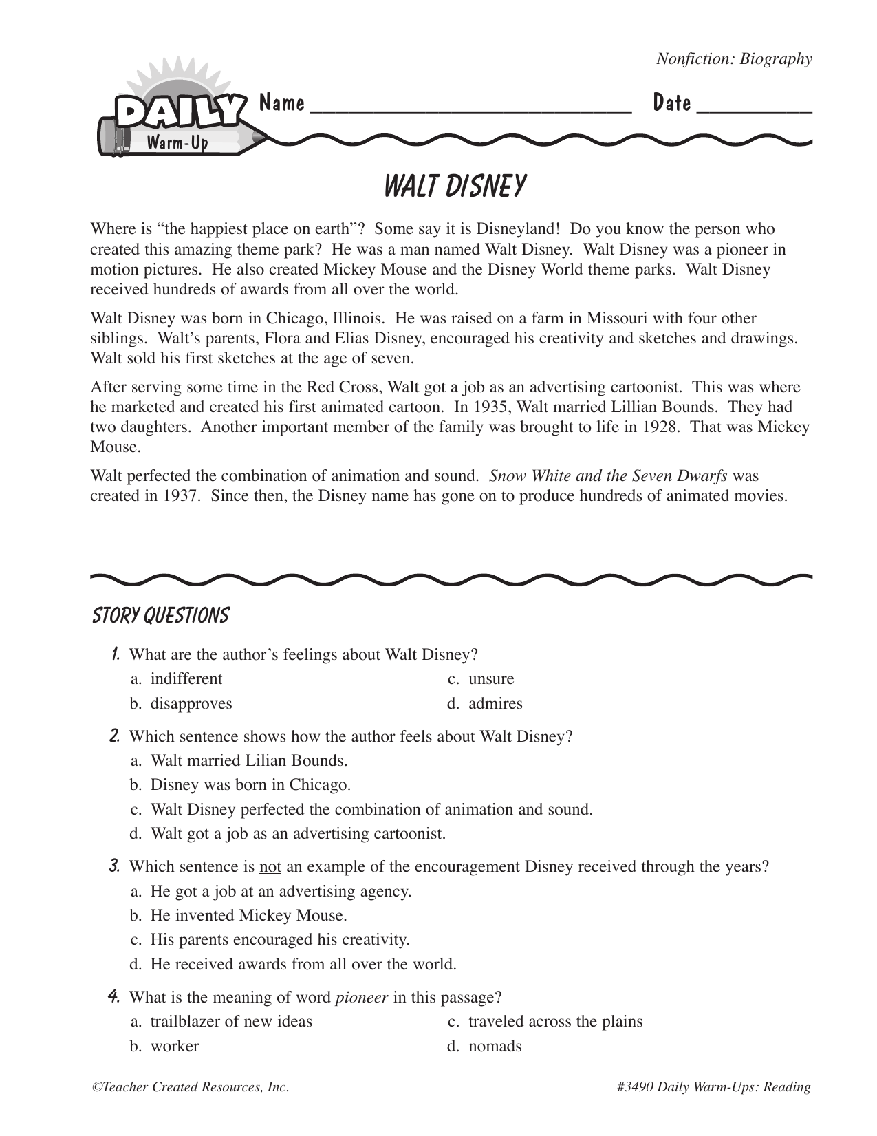 Walt Disney Biography Worksheet Reading Comprehension