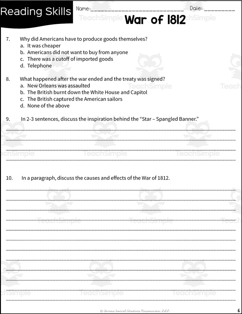 War Of 1812 Reading Packet 5th Grade TEKS By Teach Simple