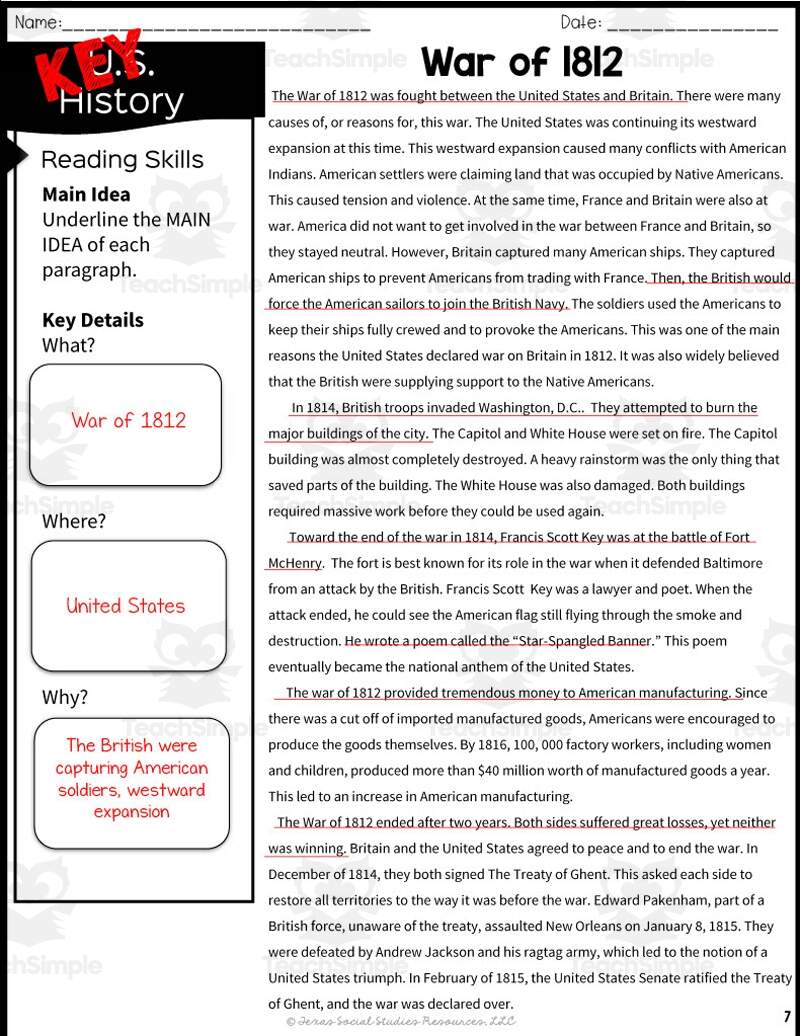 War Of 1812 Reading Packet 5th Grade TEKS By Teach Simple