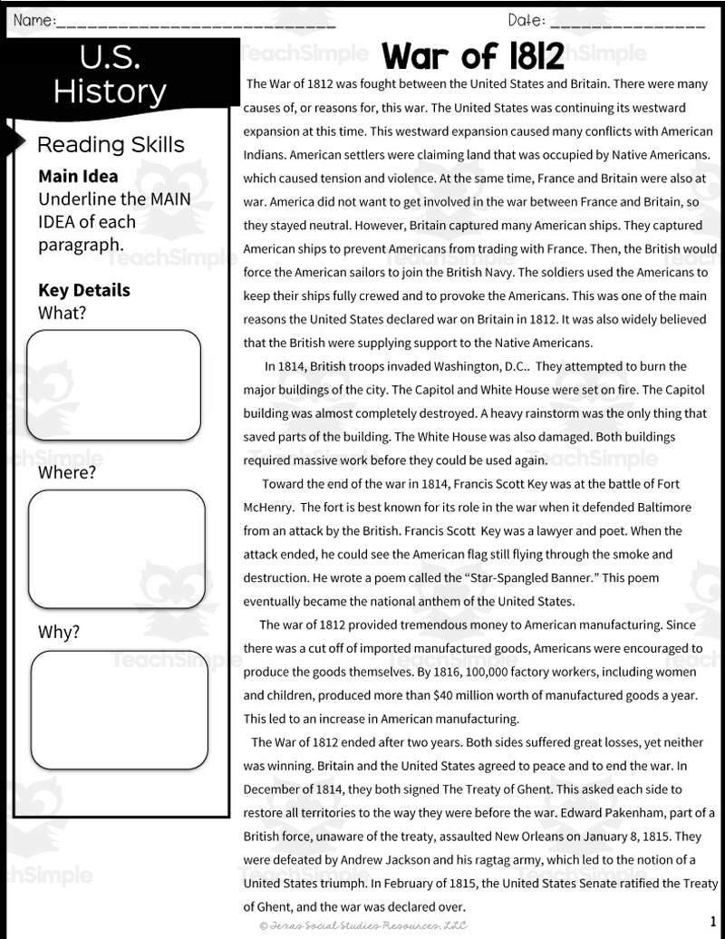 War Of 1812 Reading Packet 5th Grade TEKS By Teach Simple