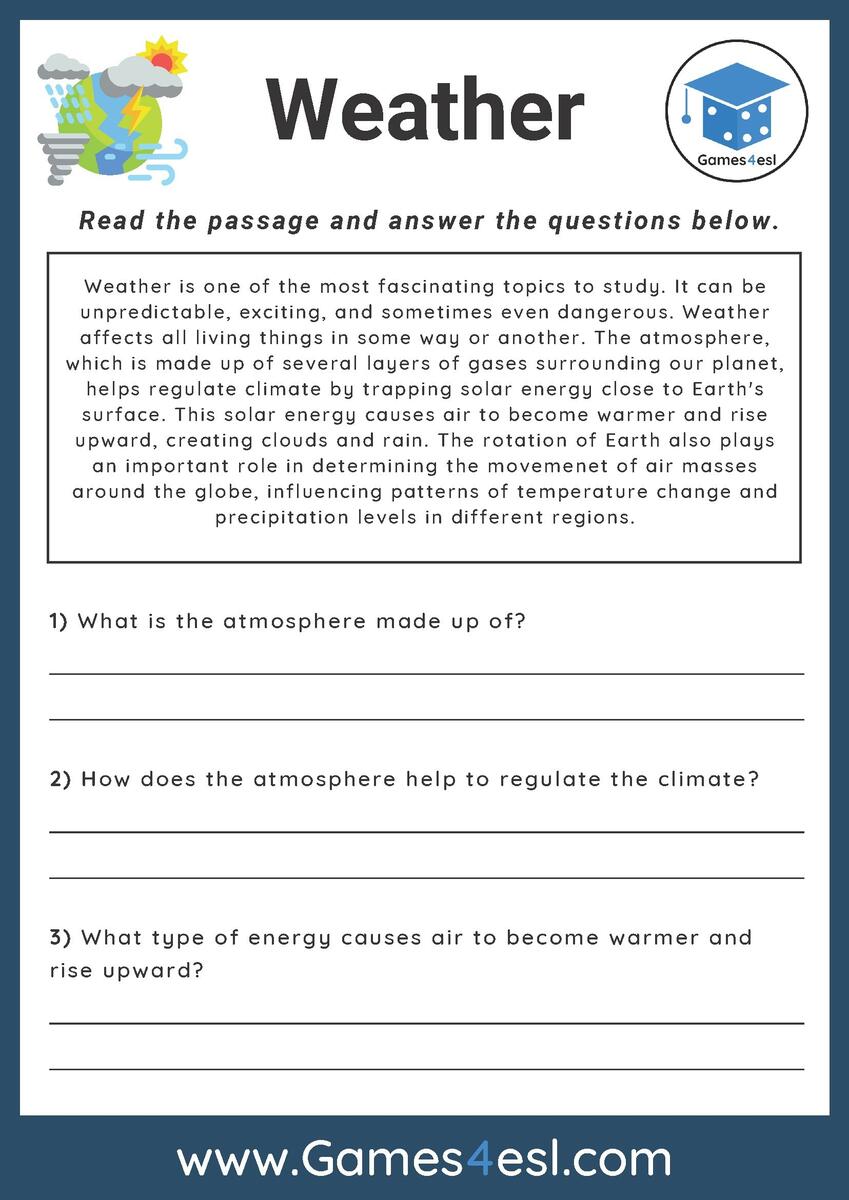 Weather Reading Comprehension Worksheet Games4esl 5 Printable Reading Comprehension English Worksheets Ages 4 7 KG1 To Grade 2 Etsy