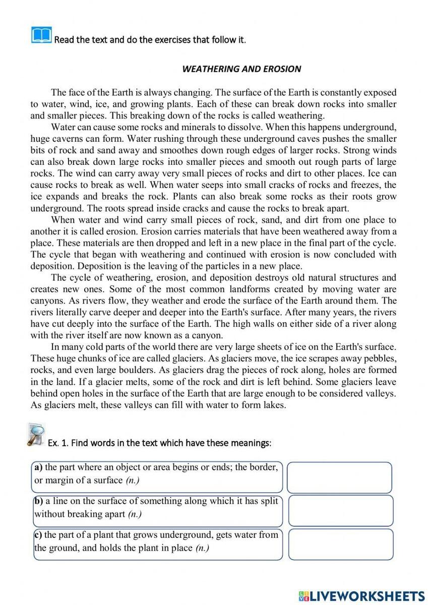 Weathering Erosion Reading And Vocabulary Worksheet Live Worksheets Library