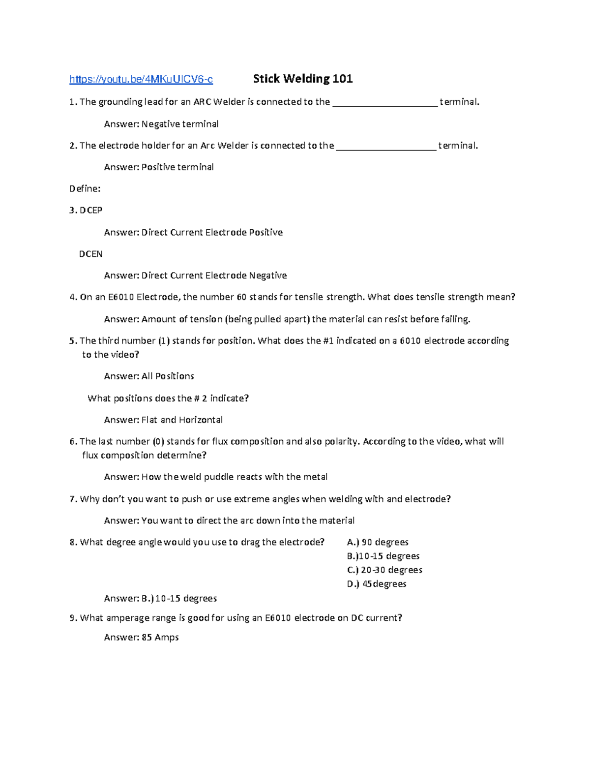 Welding 101 Worksheet With Answers For Beginners ENGR 101 Studocu