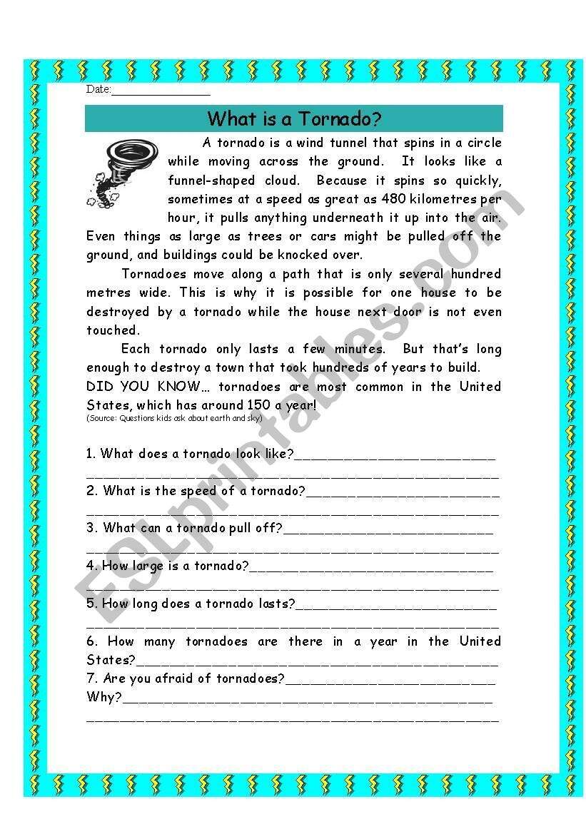 WHAT IS A TORNADO Reading Comprehension ESL Worksheet By Jen 304 WHAT IS A TORNADO Reading Comprehension ESL Worksheet By Jen 304