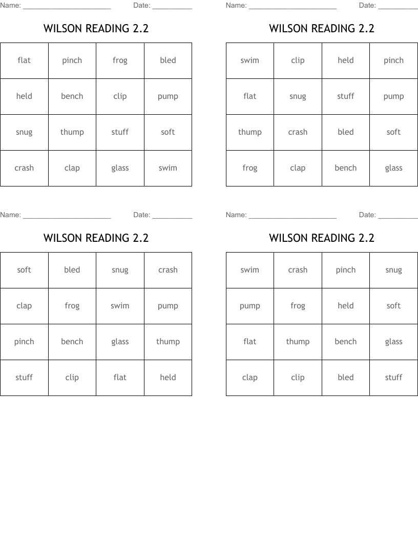 WILSON READING 2 2 Bingo Cards WordMint