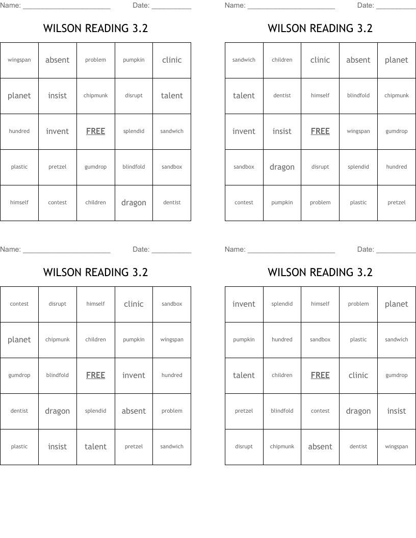 WILSON READING 3 2 Bingo Cards WordMint WILSON READING 3 2 Bingo Cards WordMint