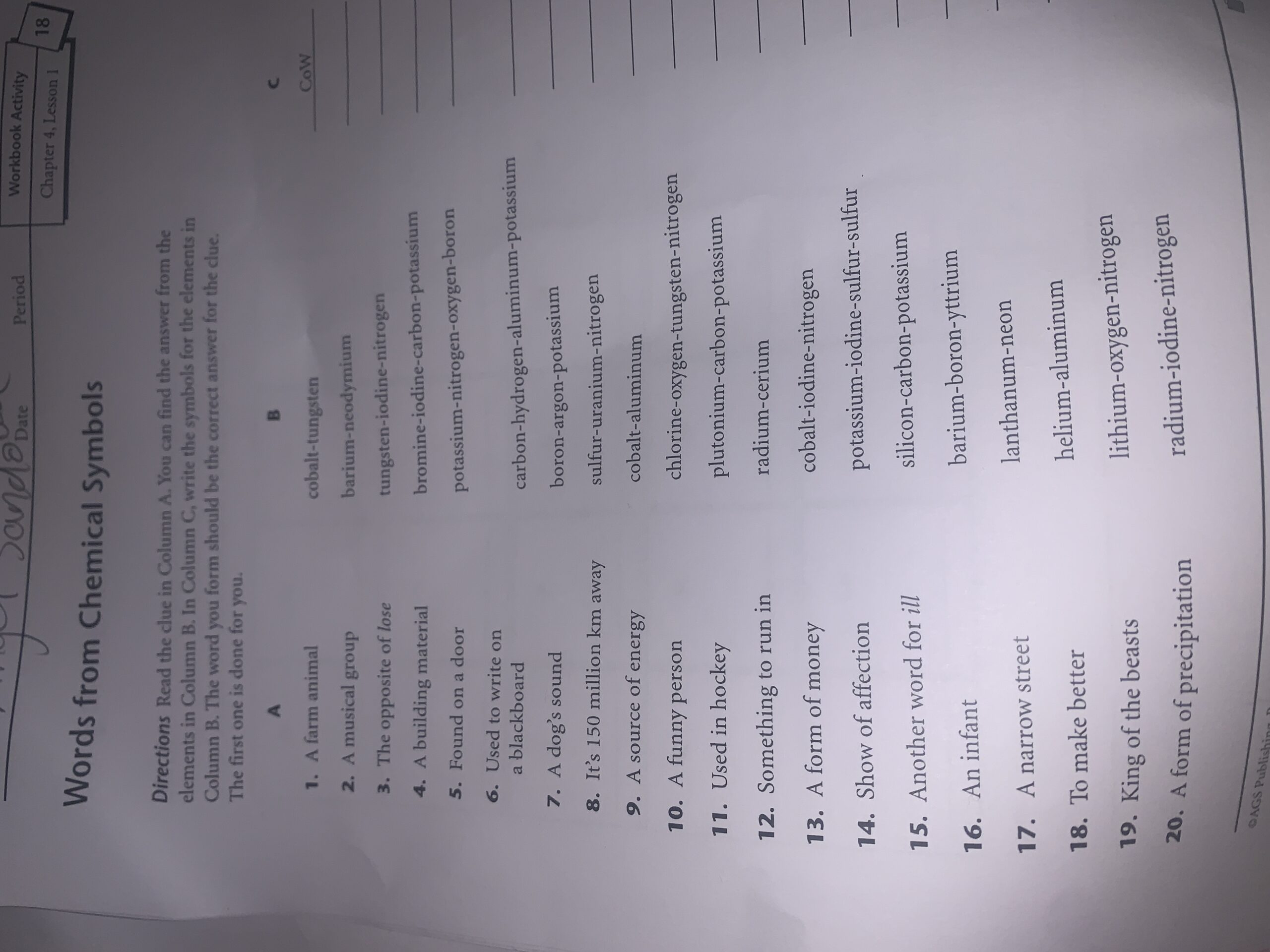 Words From Chemical Symbols Directions Read The Clue In Column A You Can Find The Answer