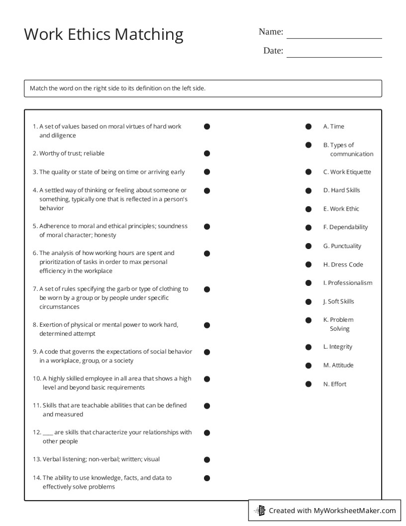 Work Ethics Matching My Worksheet Maker Create Your Own Worksheets Work Ethics Matching My Worksheet Maker Create Your Own Worksheets
