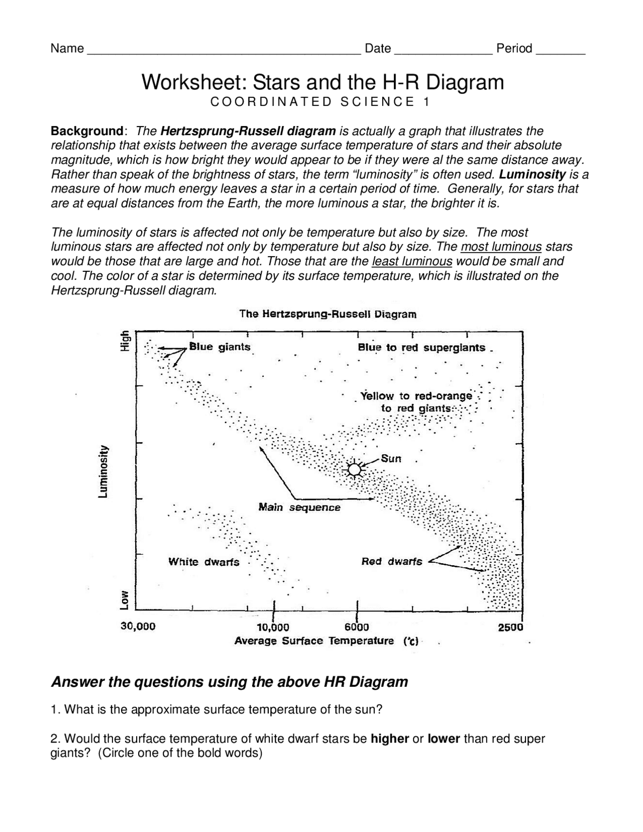 Worksheet Stars And Hr Diagram pub Lecture Notes Cosmology Docsity