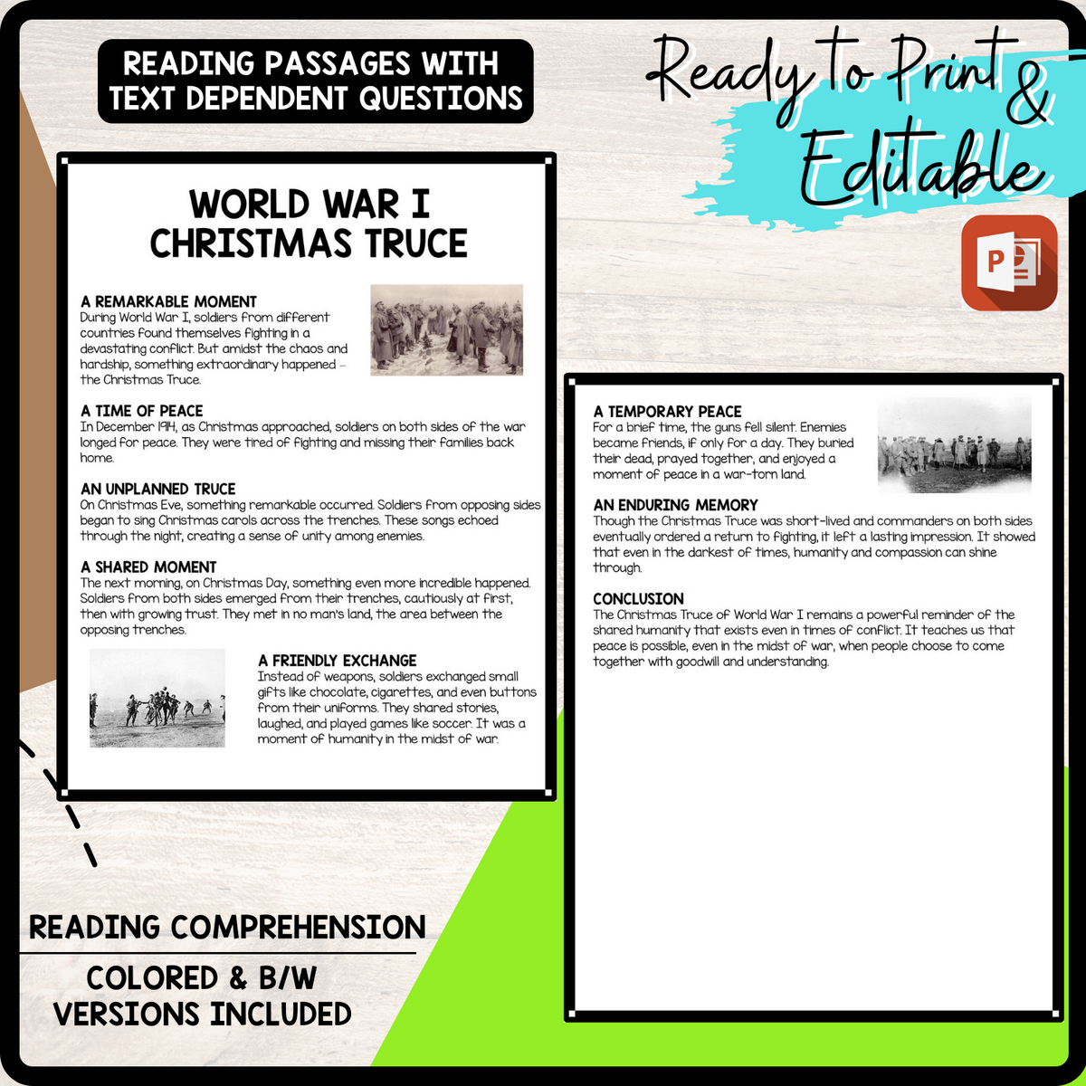 World War I Christmas Truce Reading Comprehension Worksheet Teachers Stock