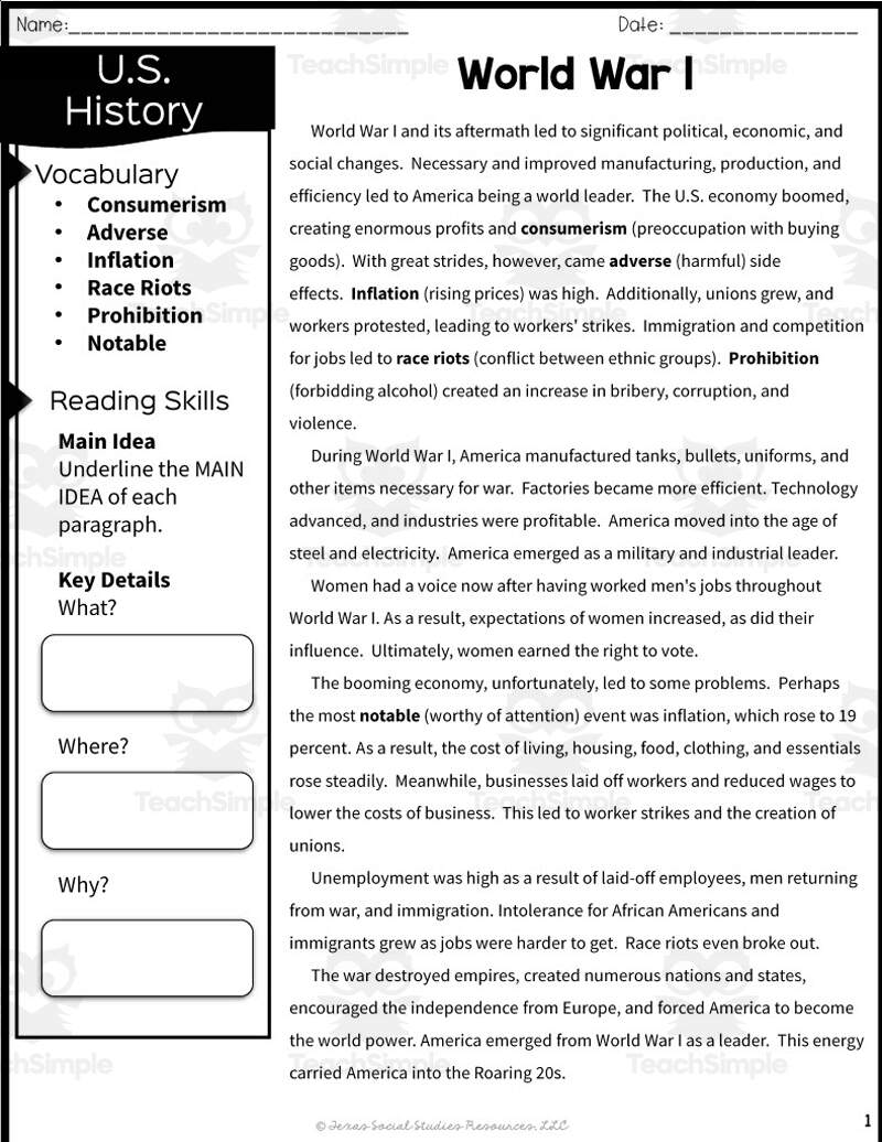 World War I Reading Packet By Teach Simple